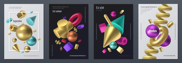 Render shapes poster. Realistic 3D geometry shapes, minimal flyer with abstract isometric elements. Vector render metal figures, illustration set element various shapes