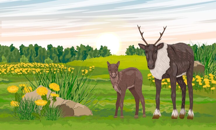 Vector rendier en haar welp op een bloeiende weide bij het bos. zomer in het noorden