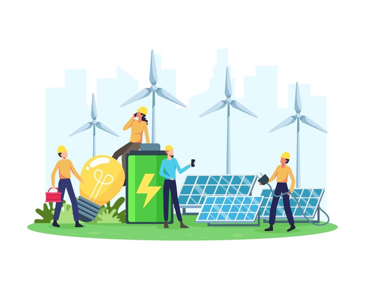 Vector renewable energy concept. renewable electric power station with solar panels and wind turbines. clean electric energy from renewable sources sun and wind. in a flat style