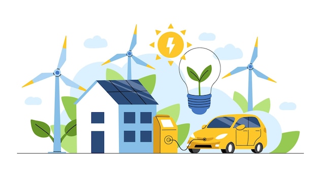 Renewable energy concept Vector illustration of clean electric energy from renewable sources sun