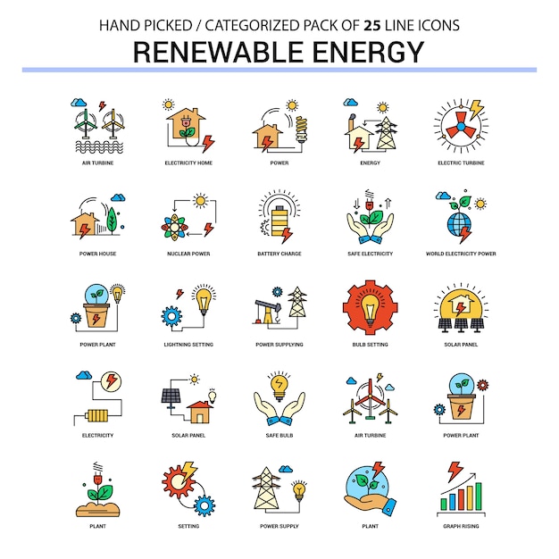 Renewable Energy Flat Line Icon Set