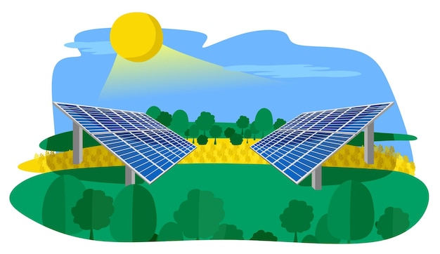 Vector renewable energy sources with solar panels installed in the field concept alternative clean energy