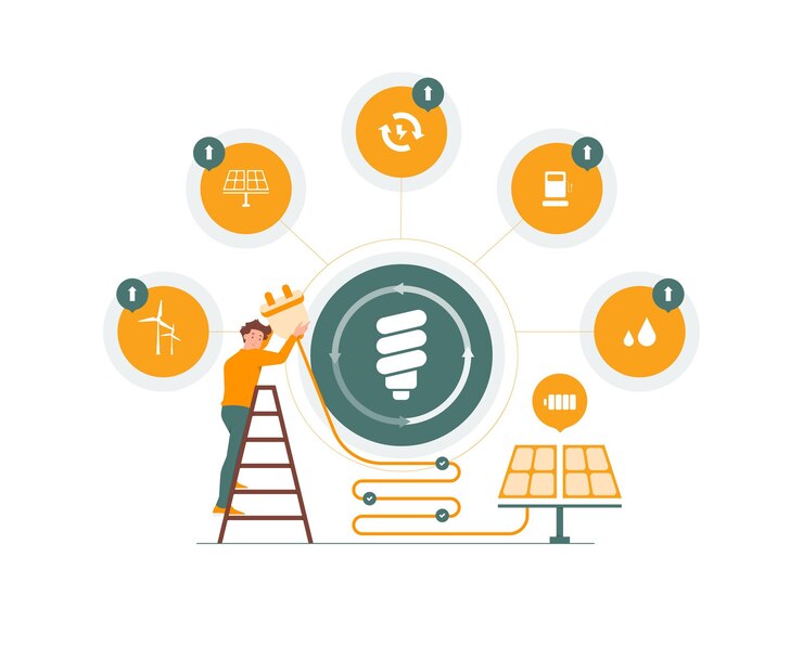 Vector renewable green energy sources for electricity environmental sustainability concept illustration