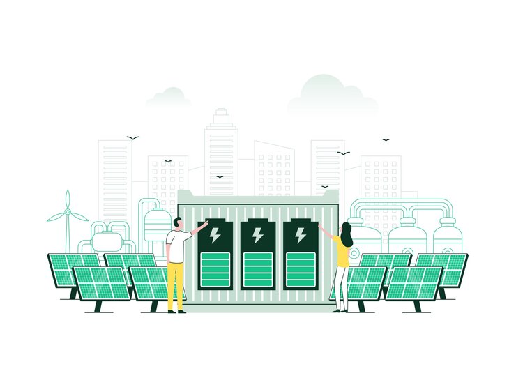 Vector renewable green energy with solar panels ecofriendly electricity resources from a power plant factory vector illustration with minimalist color
