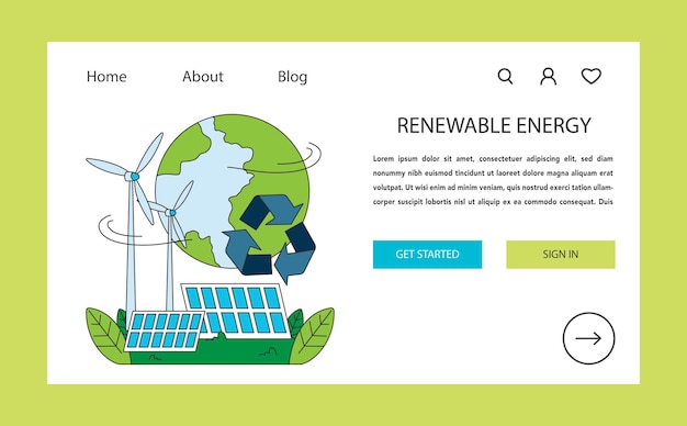 Renewable Energy (Renewable Energy) のウェブサイトのランディングページは電力の持続可能な消費太陽光エネルギー風力エネルギーなどをテーマにしています