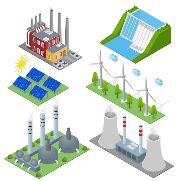 Вектор Возобновляемые ресурсы и традиционные электростанции для производства энергии, различные типы, установленные с ветром