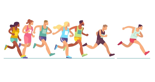 rennende mensen. mannen en vrouwen in sportkleding op marathonrace, atletiekevenement, sportgroep