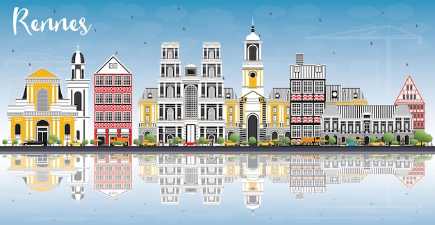 Горизонты города Ренн Франция с цветными зданиями, голубым небом и размышлениями. Векторные иллюстрации. Деловые поездки и концепция туризма с исторической архитектурой. Городской пейзаж Ренна с достопримечательностями.