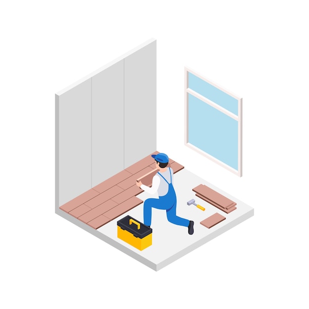 Renovation repair works isometric composition with male character of handyman doing floor tiling