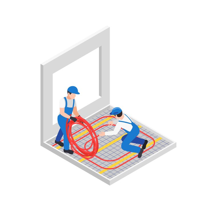 Vector renovation repair works isometric composition with two workers reeling out rubber tube