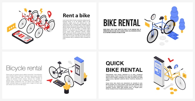 Rent a bike banner set, isometric style