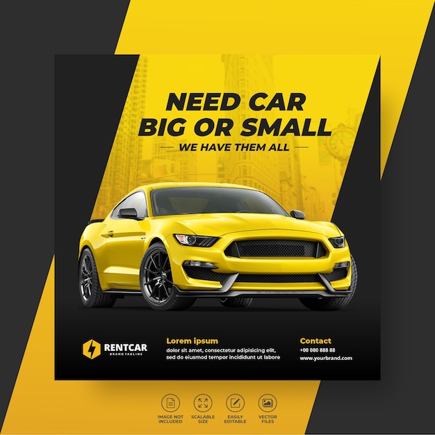 Rent car for social media post banner, promo template.