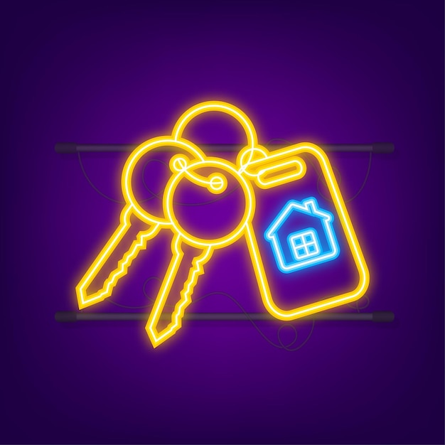 For rent house, concept. Real estate agent holds the key from the home. Neon style. Vector illustration.