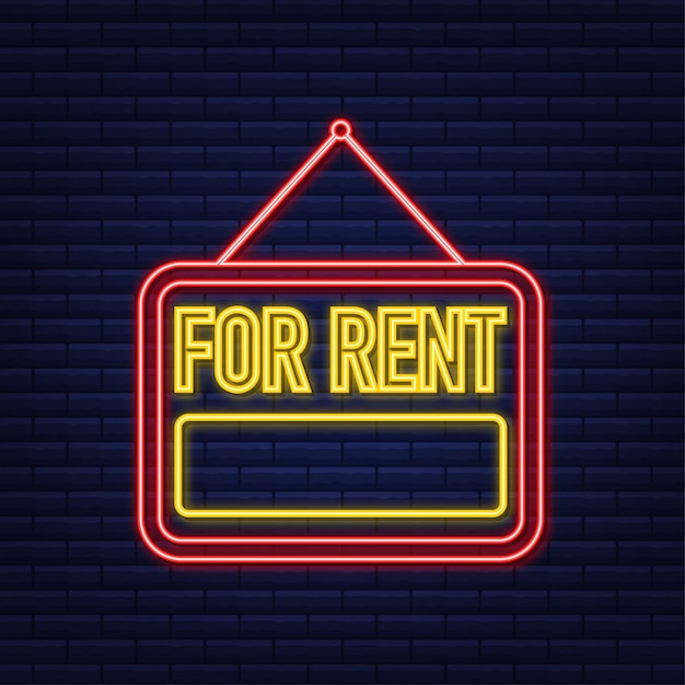 For rent red neon sign on blue background. house, property, rent. vector stock illustration.