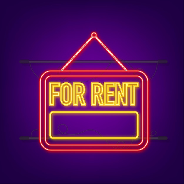 For rent red neon sign on blue background. House, property, rent. Vector stock illustration.