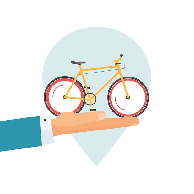 Rental bicycle icon or rent a bike place pin pointer and giving hand vector flat cartoon illustration