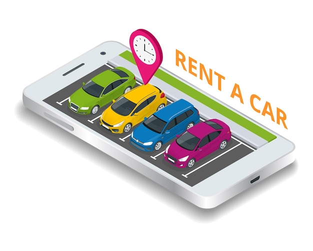Vettore noleggio auto nuova o usata. prenotazione prenotazione autonoleggio su smartphone mobile. app auto usate. sfondo di illustrazione vettoriale.