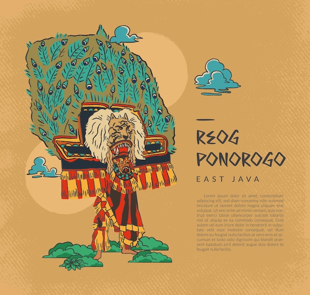 Reog dance illustration Hand drawn famous dance culture from ponorogo regency