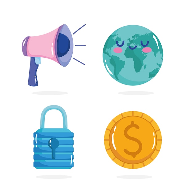 Reopening, megaphone planet padlock and money icons set.