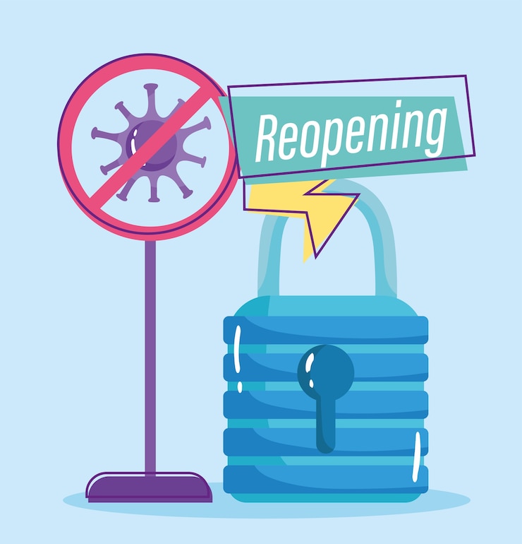 Vector reopening, padlock tag, coronavirus covid 19 commerce message.