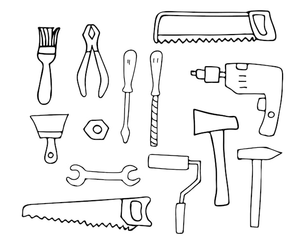 Repair instruments doodle icons set in vector. Hand drawn repair equipments icons collection.