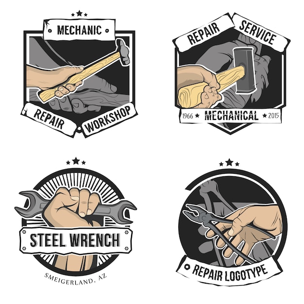 Repair labels isolated in vintage style. hand with wrench, hammer, pliers and sledgehammer.