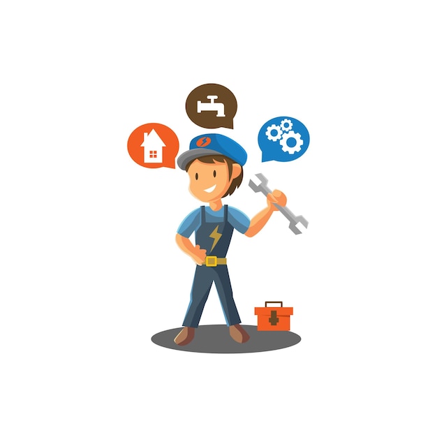 Repair man holding spanner worker mechanic workshop emblem badge mascot illustration