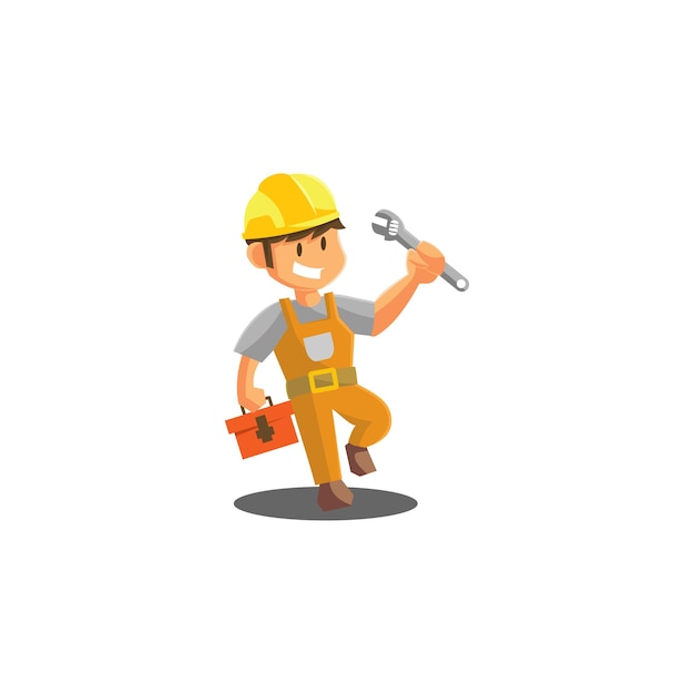 repair man holding wrench worker mechanic workshop emblem badge mascot illustration
