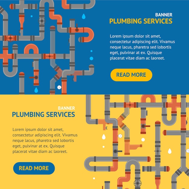 Vector repair plumbing service banner horizontal set for advertising business quality engineering work. vector illustration
