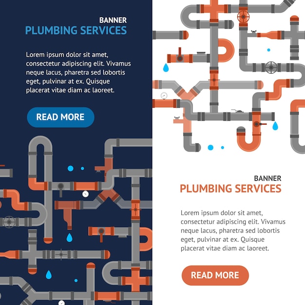 Repair Plumbing Service Banner Set Professional Engineering Concept for Web Installation Of Pipes. Vector illustration