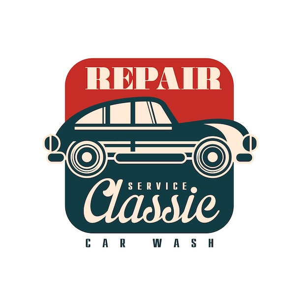 Repair service classic car wash logo design retro vintage label vector Illustration isolated on a white background