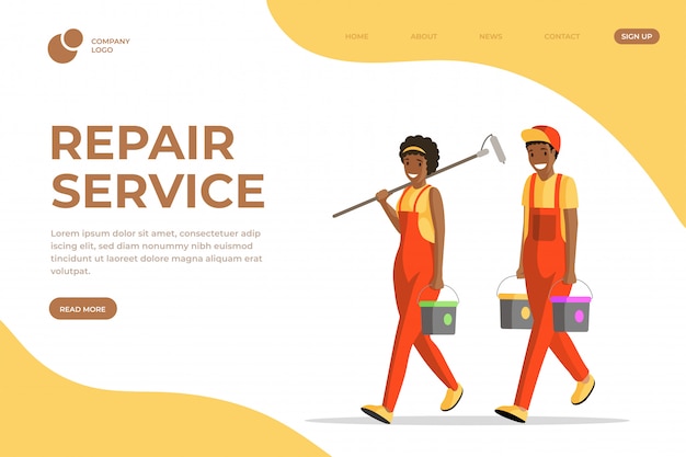 Vector repair service flat landing page template. professional house painters, workmen and handymen in overalls cartoon characters. apartment renovation company services website page layout