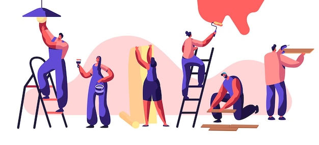 Repair Service Professional Worker. Woman on Ladder Paint Wall Roller in Hand. Human Glues Wallpaper. Man Lay Laminate Floor and Keep Hand Drill. Change Light Bulb. Flat Cartoon Vector Illustration