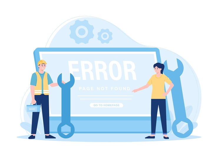 Vector repair services with technical and laptop support technicians trending concept flat illustration