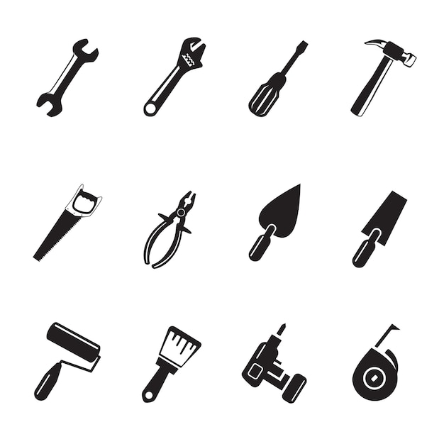 Набор символов черного знака инструментов ремонта
