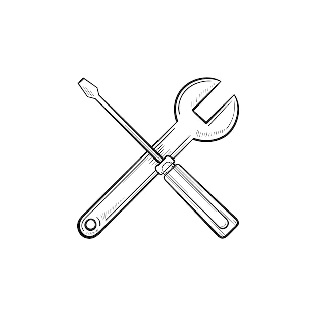 Repair tools hand drawn outline doodle icon. Crossed screwdriver and wrench as real estate and housing repair and maintenance service concept. Vector sketch illustration on white background.