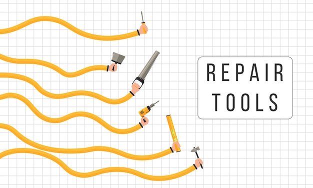 Вектор Инструменты для ремонта. человеческие руки держат рабочие инструменты.
