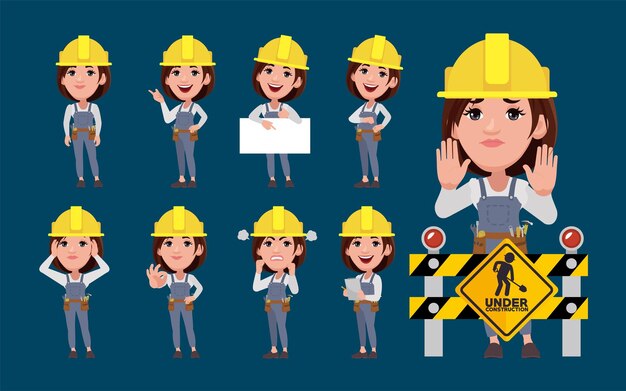 Repair woman with different poses vector