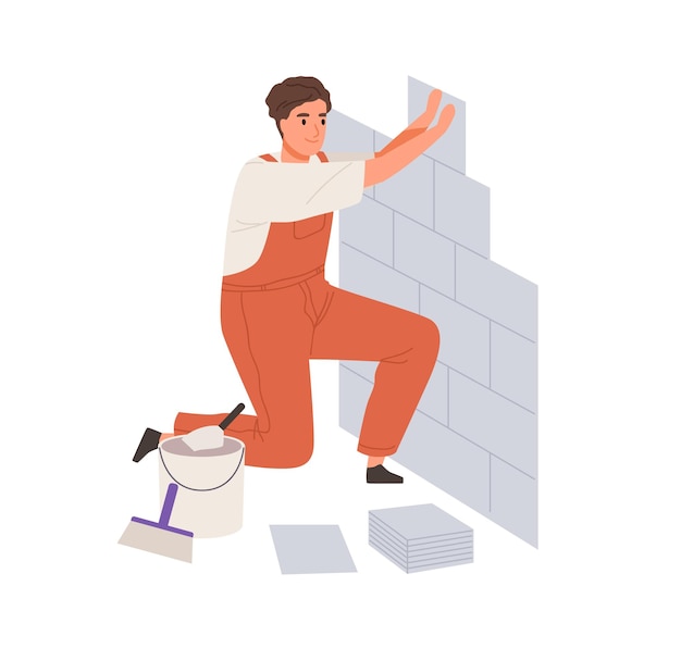 Vector repair worker laying ceramic wall tile. professional tiler in uniform working. repairman in overalls tiling at home. colored flat vector illustration of workman isolated on white background