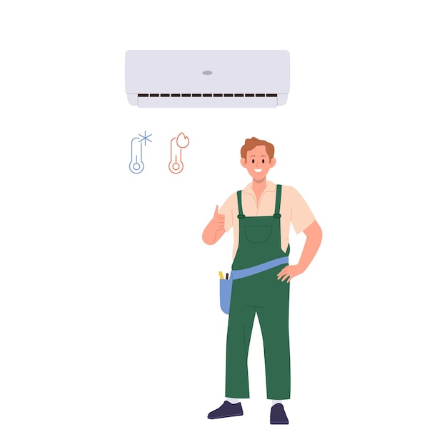 Vector repairman cartoon character gesturing thumbsup approving successful air conditioner adjustment of cooling and heating options isolated on white maintenance conditioning service vector illustration