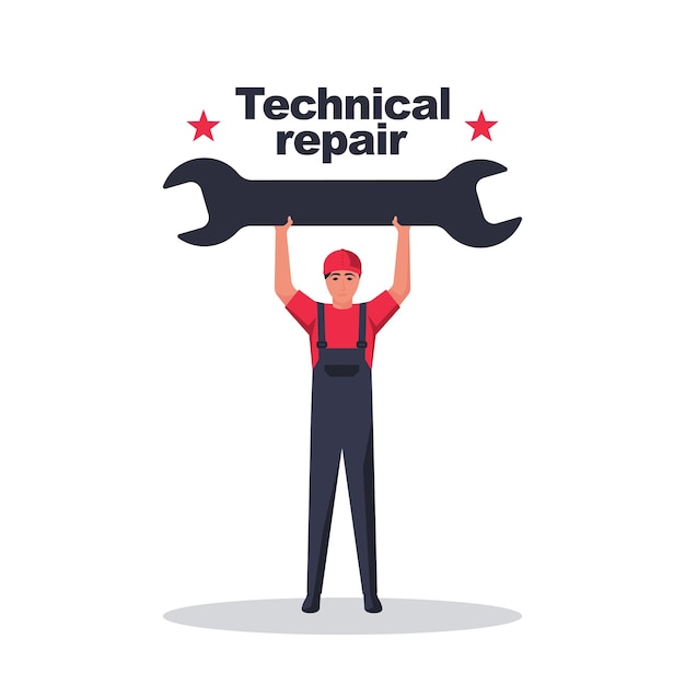 Repairman holding big wrench in hand Home repair Technical assistance Vector illustration flat design Isolated on white background Worker customer service