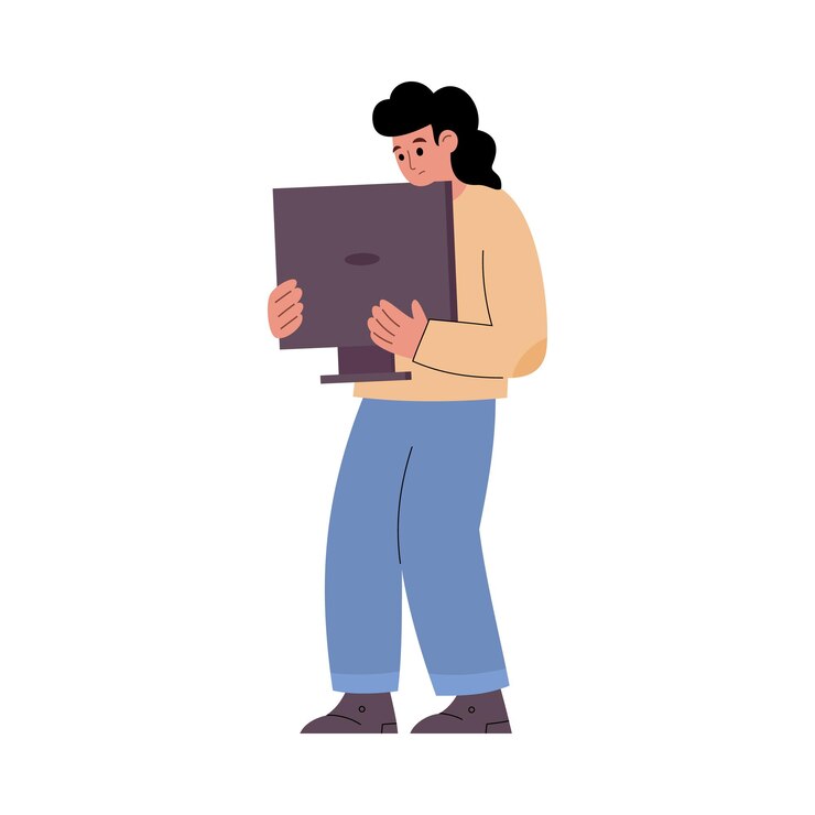 Vector repairman holding broken computer display cartoon vector illustration isolated
