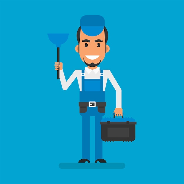 Vector repairman holding plunger and tool case