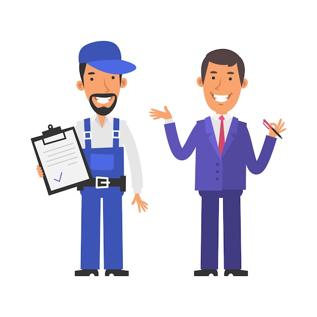 Repairman holding tablet and smiling Businessman holding pen and smiling Vector characters