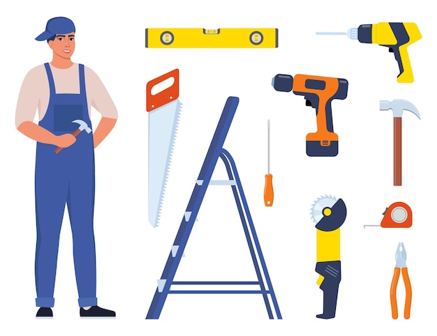 Repairman or mechanic and collection of tools Man character in uniform