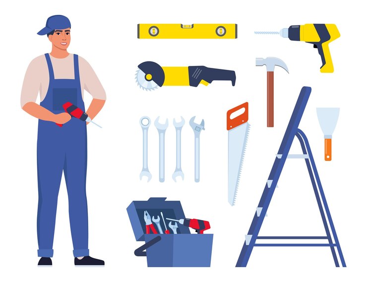 Vector repairman or mechanic and collection of tools man character in uniform
