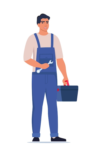 Repairman or mechanic with a toolbox Man character in uniform with wrench in his hand