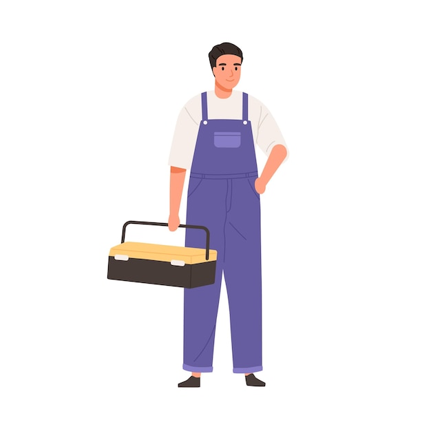 Vector repairman in overall portrait. master standing with toolbox. professional home worker. handyman in uniform. workman for emergency repair service. flat vector illustration isolated on white background.