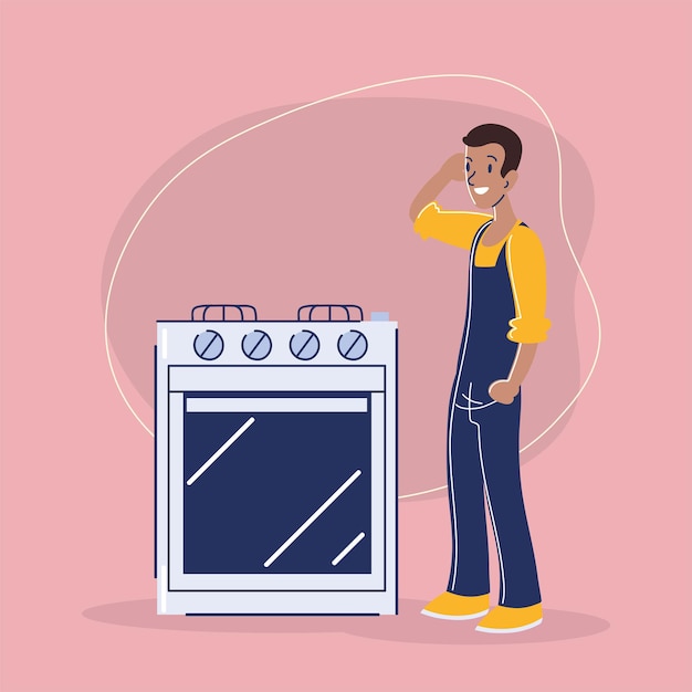 Vector repairman in overall repairing oven