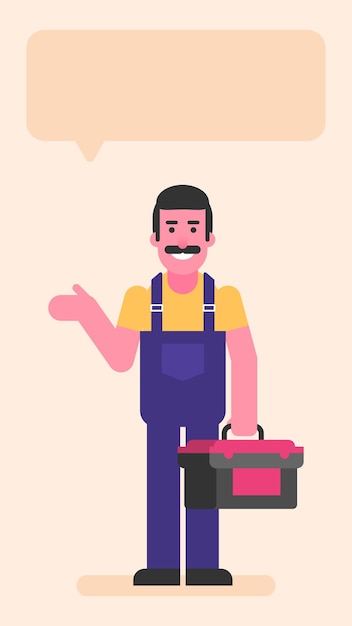 Vector repairman points hand to and holding suitcase with tools